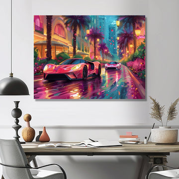 Pink blue Miami exotic cars - Car Exotic Canvas Wall Art